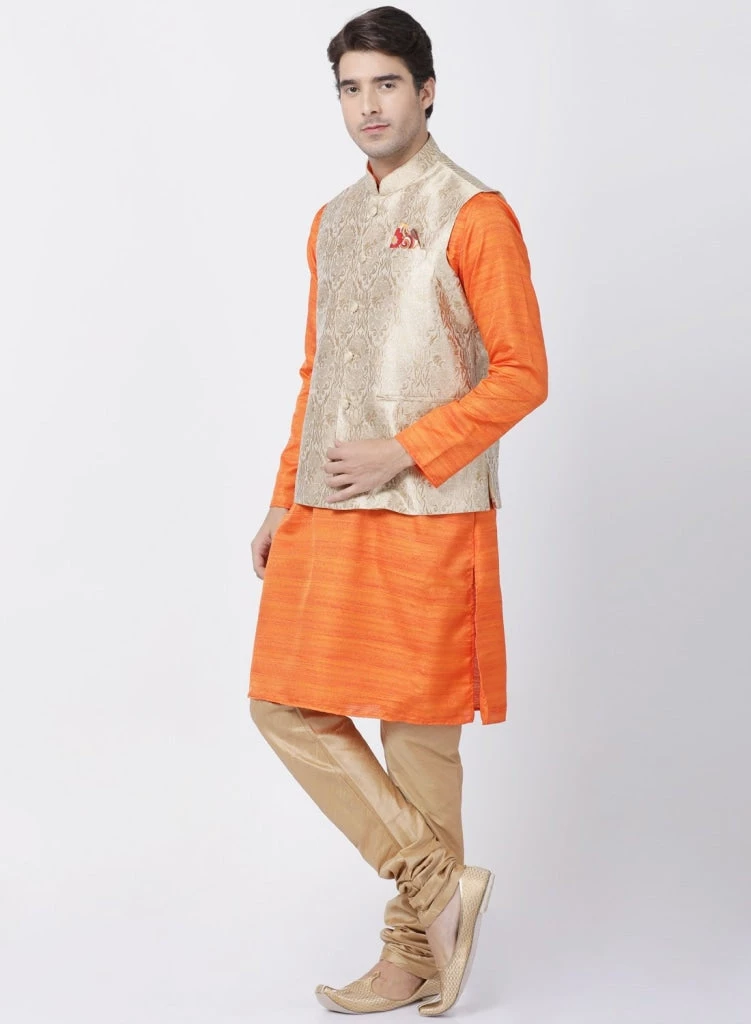 Vastramay Men's Orange Cotton Silk Blend Kurta, Ethnic Jacket And Pyjama Set Kurta Sets 4 Vastramay Men's Orange Cotton Silk Blend Kurta, Ethnic Jacket And Pyjama Set Kurta Sets