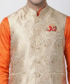 Vastramay Men's Orange Cotton Silk Blend Kurta, Ethnic Jacket And Pyjama Set Kurta Sets 10 Vastramay Men's Orange Cotton Silk Blend Kurta, Ethnic Jacket And Pyjama Set Kurta Sets