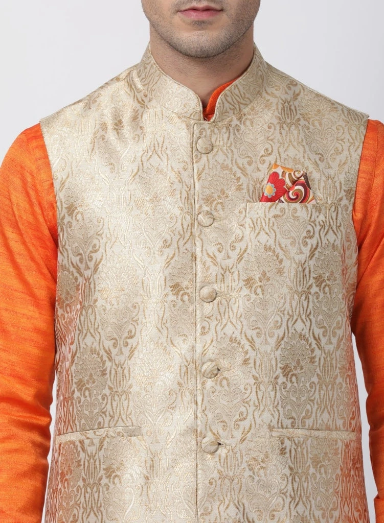 Vastramay Men's Orange Cotton Silk Blend Kurta, Ethnic Jacket And Pyjama Set Kurta Sets 5 Vastramay Men's Orange Cotton Silk Blend Kurta, Ethnic Jacket And Pyjama Set Kurta Sets