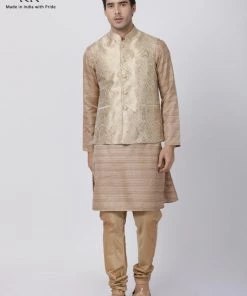 Vastramay Jacket Kurta Sets Men's Gold Cotton Silk Blend Kurta, Ethnic Jacket And Pyjama Set