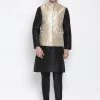 Vastramay Men's Black Cotton Silk Blend Kurta, Ethnic Jacket And Pyjama Set