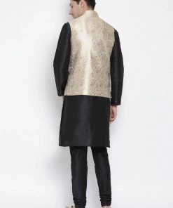 Vastramay Men's Black Cotton Silk Blend Kurta, Ethnic Jacket And Pyjama Set