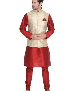 Vastramay Men's Maroon Cotton Silk Blend Kurta, Ethnic Jacket And Pyjama Set