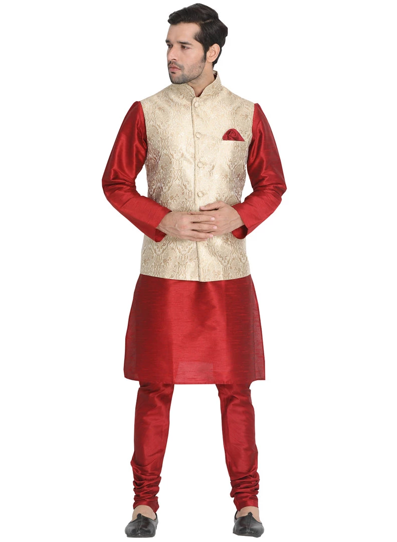 Vastramay Men's Maroon Cotton Silk Blend Kurta, Ethnic Jacket And Pyjama Set 3 Vastramay Men's Maroon Cotton Silk Blend Kurta, Ethnic Jacket And Pyjama Set