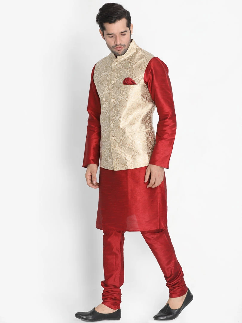 Vastramay Men's Maroon Cotton Silk Blend Kurta, Ethnic Jacket And Pyjama Set 4 Vastramay Men's Maroon Cotton Silk Blend Kurta, Ethnic Jacket And Pyjama Set