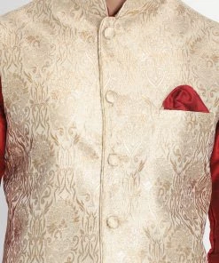 Vastramay Maroon And Rose Gold Silk Blend Baap Beta Jacket Kurta Pyjama Set