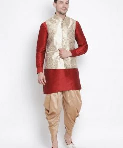 Vastramay Men's Red Cotton Silk Blend Ethnic Jacket, Kurta And Dhoti Pant Set
