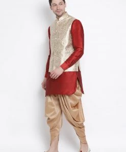 Vastramay Men's Red Cotton Silk Blend Ethnic Jacket, Kurta And Dhoti Pant Set