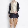 Vastramay Men's Dark Blue Cotton Silk Blend Ethnic Jacket, Kurta And Dhoti Pant Set