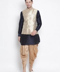 Vastramay Men's Dark Blue Cotton Silk Blend Ethnic Jacket, Kurta And Dhoti Pant Set