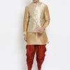 Vastramay Men's Gold Cotton Silk Blend Ethnic Jacket, Kurta And Dhoti Pant Set