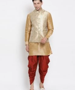 Vastramay Men's Gold Cotton Silk Blend Ethnic Jacket, Kurta And Dhoti Pant Set