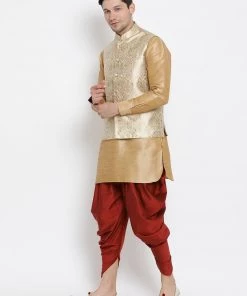 Vastramay Men's Gold Cotton Silk Blend Ethnic Jacket, Kurta And Dhoti Pant Set