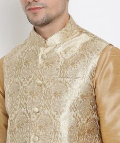 Vastramay Men's Gold Cotton Silk Blend Ethnic Jacket, Kurta And Dhoti Pant Set