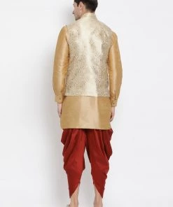 Vastramay Men's Gold Cotton Silk Blend Ethnic Jacket, Kurta And Dhoti Pant Set