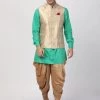 Vastramay Men's Turquoise Cotton Silk Blend Ethnic Jacket, Kurta And Dhoti Pant Set