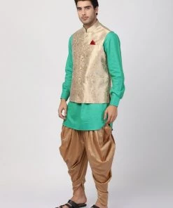 Vastramay Men's Turquoise Cotton Silk Blend Ethnic Jacket, Kurta And Dhoti Pant Set