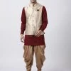 Vastramay Men's Maroon Cotton Silk Blend Ethnic Jacket, Kurta And Dhoti Pant Set Buy 1 Get 1