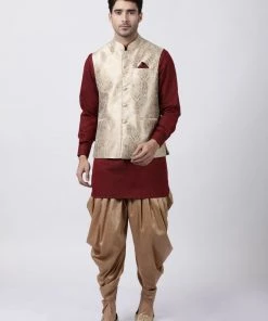Vastramay Men's Maroon Cotton Silk Blend Ethnic Jacket, Kurta And Dhoti Pant Set Buy 1 Get 1