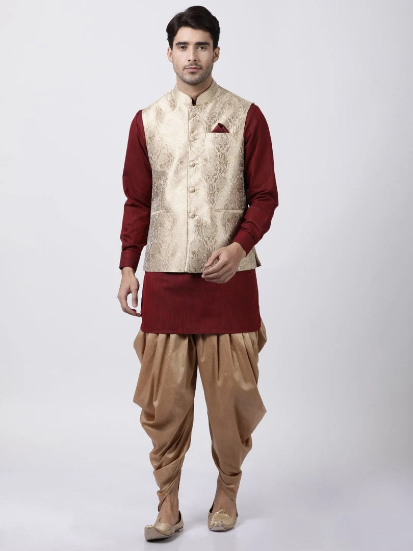 Vastramay Men's Maroon Cotton Silk Blend Ethnic Jacket, Kurta And Dhoti Pant Set Buy 1 Get 1 3 Vastramay Men's Maroon Cotton Silk Blend Ethnic Jacket, Kurta And Dhoti Pant Set Buy 1 Get 1