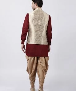 Vastramay Men's Maroon Cotton Silk Blend Ethnic Jacket, Kurta And Dhoti Pant Set Buy 1 Get 1 11 Vastramay Men's Maroon Cotton Silk Blend Ethnic Jacket, Kurta And Dhoti Pant Set Buy 1 Get 1