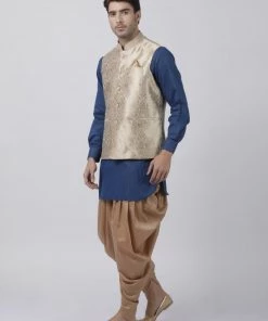 Vastramay Kurta Sets Men's Dark Blue Cotton Silk Blend Ethnic Jacket, Kurta And Dhoti Pant Set