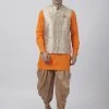 Vastramay Men's Orange Cotton Silk Blend Ethnic Jacket, Kurta And Dhoti Pant Set