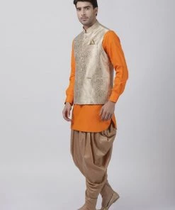 Vastramay Men's Orange Cotton Silk Blend Ethnic Jacket, Kurta And Dhoti Pant Set