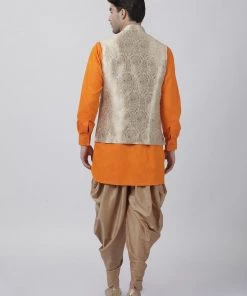 Vastramay Men's Orange Cotton Silk Blend Ethnic Jacket, Kurta And Dhoti Pant Set
