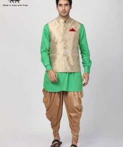 Vastramay Men's Mint Green Cotton Silk Blend Ethnic Jacket, Kurta And Dhoti Pant Set