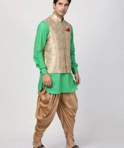 Vastramay Men's Mint Green Cotton Silk Blend Ethnic Jacket, Kurta And Dhoti Pant Set