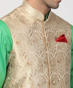 Vastramay Men's Mint Green Cotton Silk Blend Ethnic Jacket, Kurta And Dhoti Pant Set