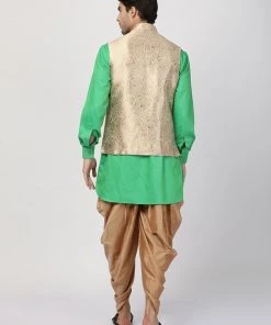 Vastramay Men's Mint Green Cotton Silk Blend Ethnic Jacket, Kurta And Dhoti Pant Set
