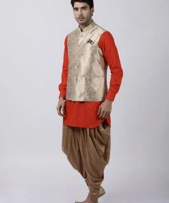 Vastramay Men's Orange Cotton Silk Blend Ethnic Jacket, Kurta And Dhoti Pant Set