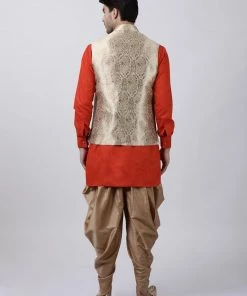 Vastramay Men's Orange Cotton Silk Blend Ethnic Jacket, Kurta And Dhoti Pant Set