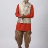 Vastramay Men's Orange Cotton Silk Blend Ethnic Jacket, Kurta And Dhoti Pant Set