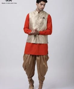 Vastramay Men's Orange Cotton Silk Blend Ethnic Jacket, Kurta And Dhoti Pant Set