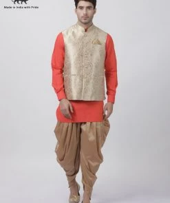 Vastramay Men's Orange Cotton Silk Blend Ethnic Jacket, Kurta And Dhoti Pant Set