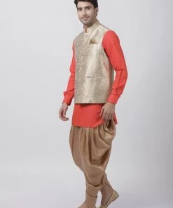 Vastramay Men's Orange Cotton Silk Blend Ethnic Jacket, Kurta And Dhoti Pant Set