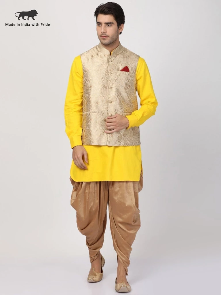 Vastramay Buy 1 Get 1 Men's Yellow Cotton Silk Blend Ethnic Jacket, Kurta And Dhoti Pant Set 3 Vastramay Buy 1 Get 1 Men's Yellow Cotton Silk Blend Ethnic Jacket, Kurta And Dhoti Pant Set