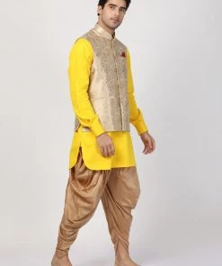 Vastramay Buy 1 Get 1 Men's Yellow Cotton Silk Blend Ethnic Jacket, Kurta And Dhoti Pant Set