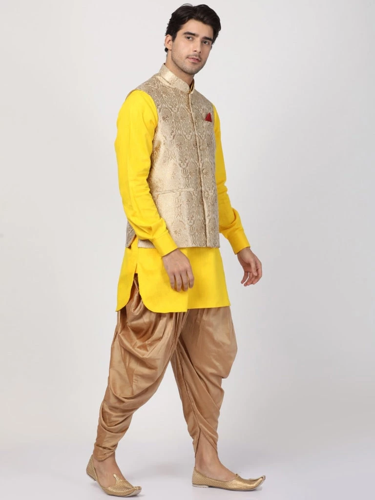 Vastramay Buy 1 Get 1 Men's Yellow Cotton Silk Blend Ethnic Jacket, Kurta And Dhoti Pant Set 4 Vastramay Buy 1 Get 1 Men's Yellow Cotton Silk Blend Ethnic Jacket, Kurta And Dhoti Pant Set