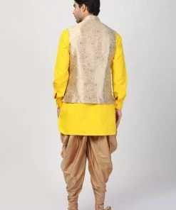 Vastramay Buy 1 Get 1 Men's Yellow Cotton Silk Blend Ethnic Jacket, Kurta And Dhoti Pant Set 11 Vastramay Buy 1 Get 1 Men's Yellow Cotton Silk Blend Ethnic Jacket, Kurta And Dhoti Pant Set