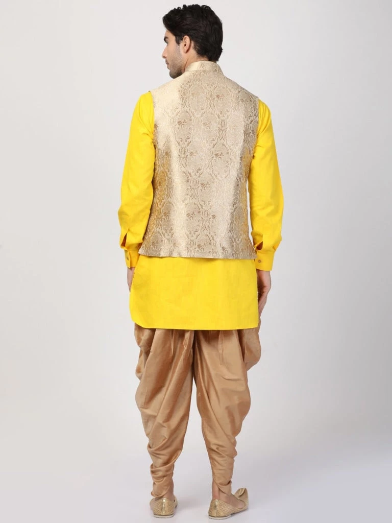 Vastramay Buy 1 Get 1 Men's Yellow Cotton Silk Blend Ethnic Jacket, Kurta And Dhoti Pant Set 6 Vastramay Buy 1 Get 1 Men's Yellow Cotton Silk Blend Ethnic Jacket, Kurta And Dhoti Pant Set