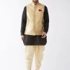 VASTRAMAY Men's Rose Gold Banarasi Jacket With Black Silk Kurta And Gold Dhoti Set