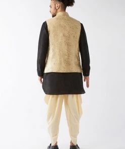 VASTRAMAY Men's Rose Gold Banarasi Jacket With Black Silk Kurta And Gold Dhoti Set