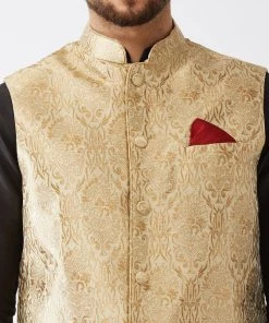 VASTRAMAY Men's Rose Gold Banarasi Jacket With Black Silk Kurta And Gold Dhoti Set