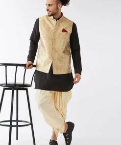 VASTRAMAY Men's Rose Gold Banarasi Jacket With Black Silk Kurta And Gold Dhoti Set