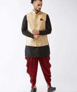 VASTRAMAY Men's Rose Gold Banarasi Jacket With Black Silk Kurta And Dhoti Set