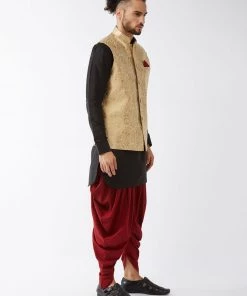 VASTRAMAY Men's Rose Gold Banarasi Jacket With Black Silk Kurta And Dhoti Set